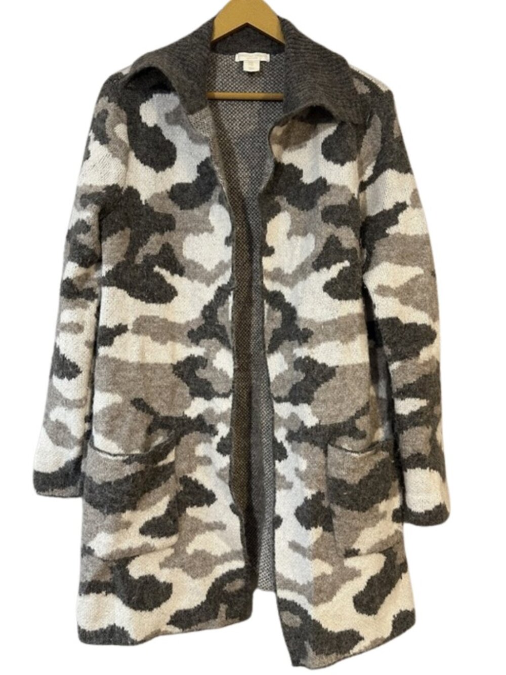 Christian Siriano Camo Cardigan Sweater Wool Blend Open Front Coatigan